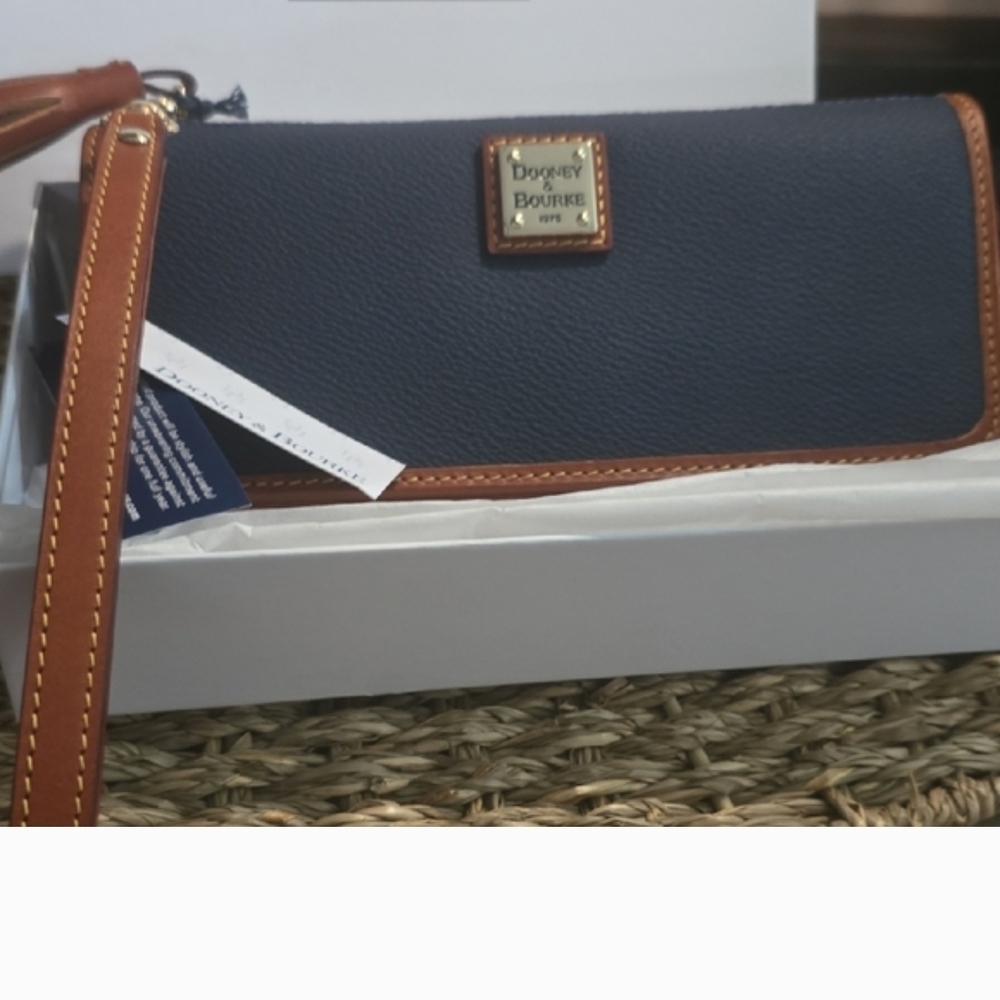 Dooney & Bourke Navy Pebbled Leather Wristlet with Tan Trim